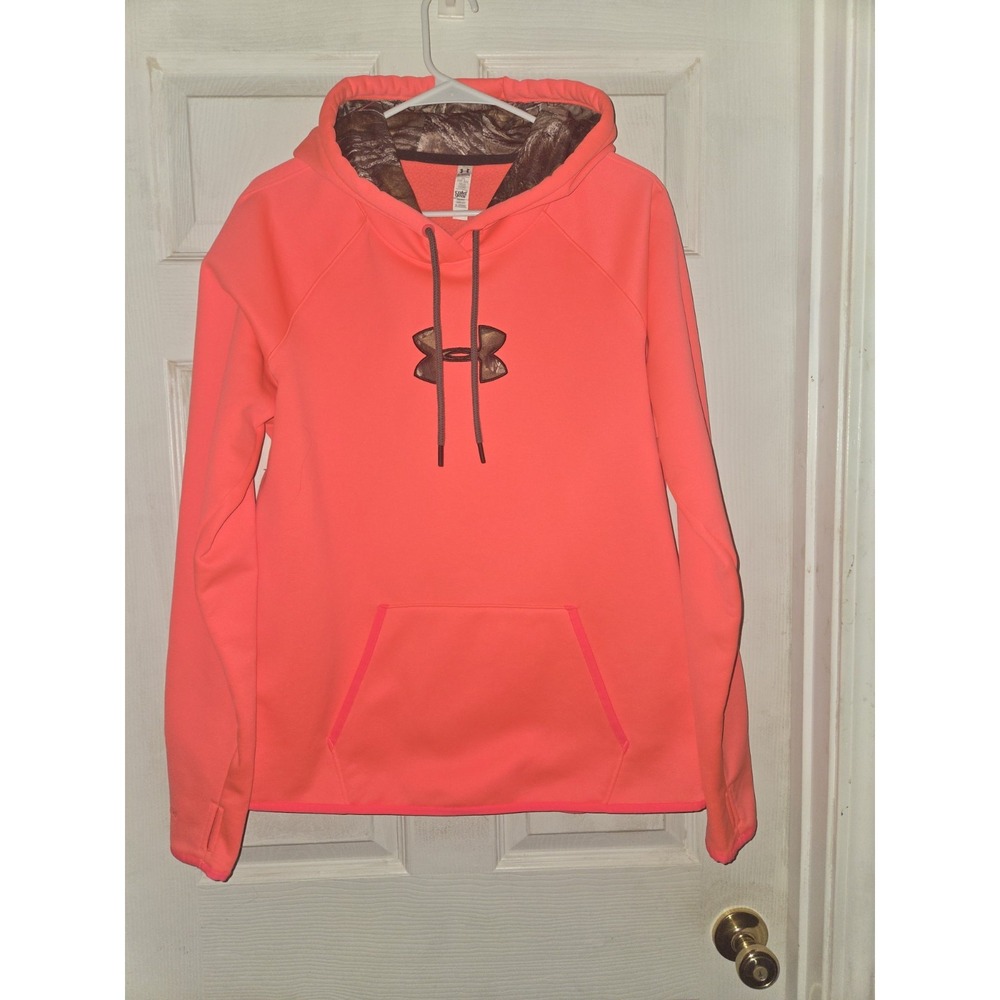 EUC Under Armour ColdGear Women's XL Hoodie Camo Logo Neon Pink Blaze Coral